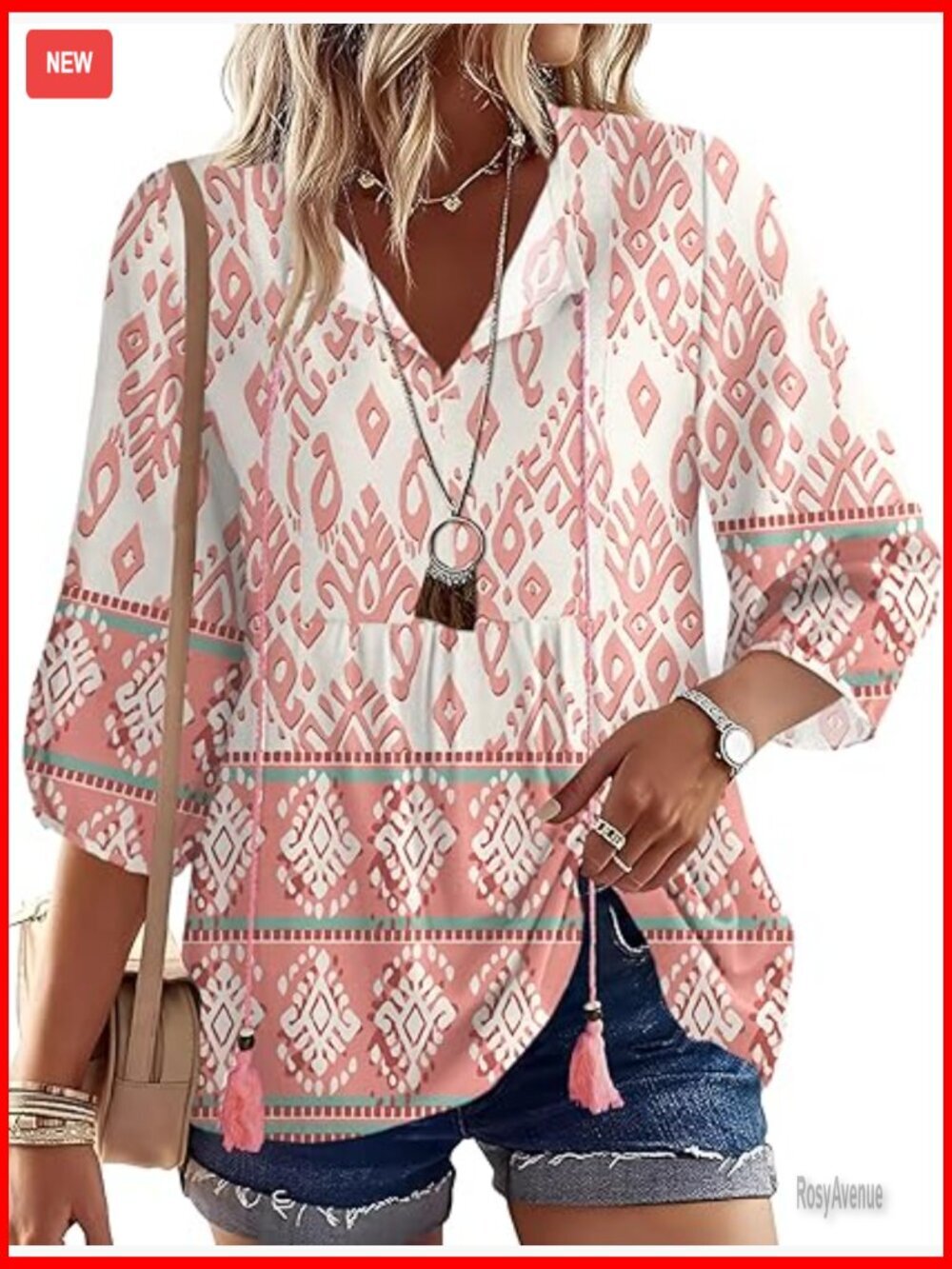 Boho 3/4 Sleeve V-Neck Tie Front Tunic Blouse Flowy Peasant Top
